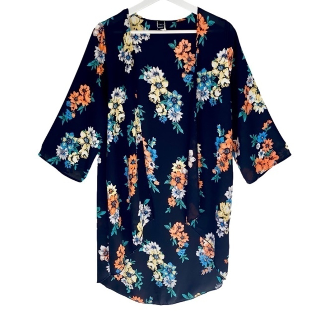 WINDSOR Kimono Open Front High-Low Florals Navy Blue Semi-Sheer Women Size M
